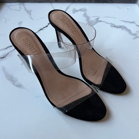SCHUTZ Ariella Black Suede Clear Strap High Heel Sandals Size 8 - Picture 2 of 9
